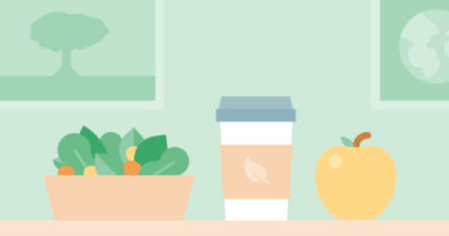 Illustration of salad, apple and take away coffee