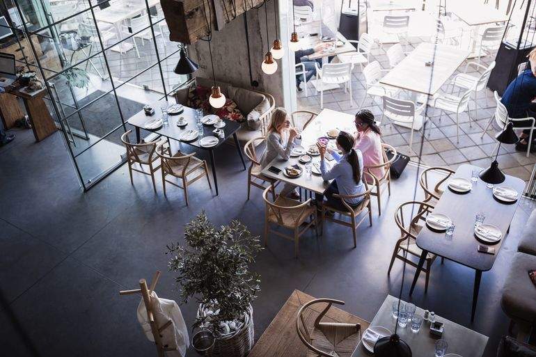 Birds eye view of diners in a large restaurant