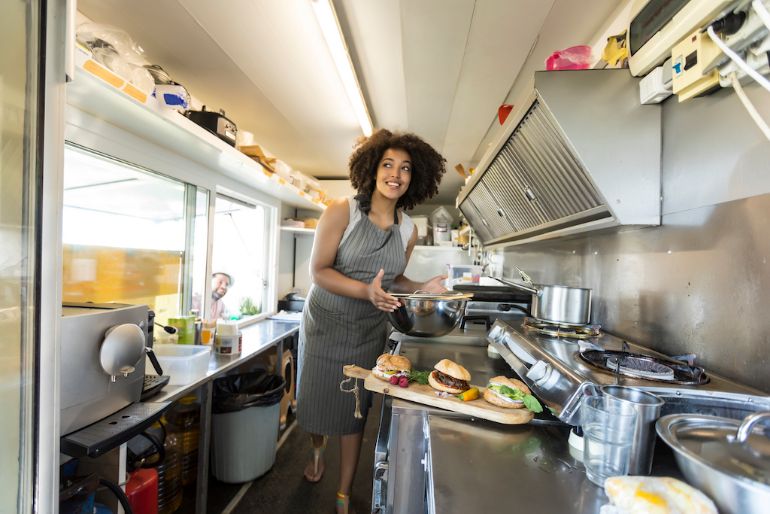 Food prep in food truck kitchen