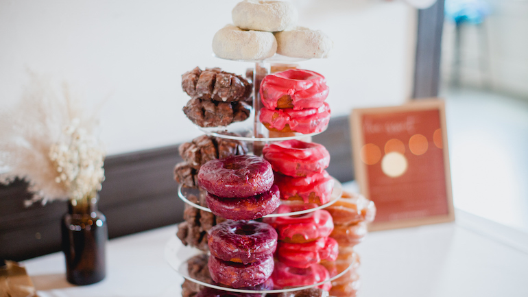 Tower display of doughnuts.