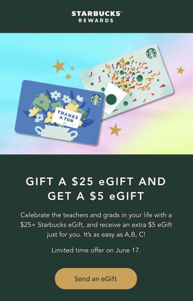 Image of a marketing email from the brand Starbucks.