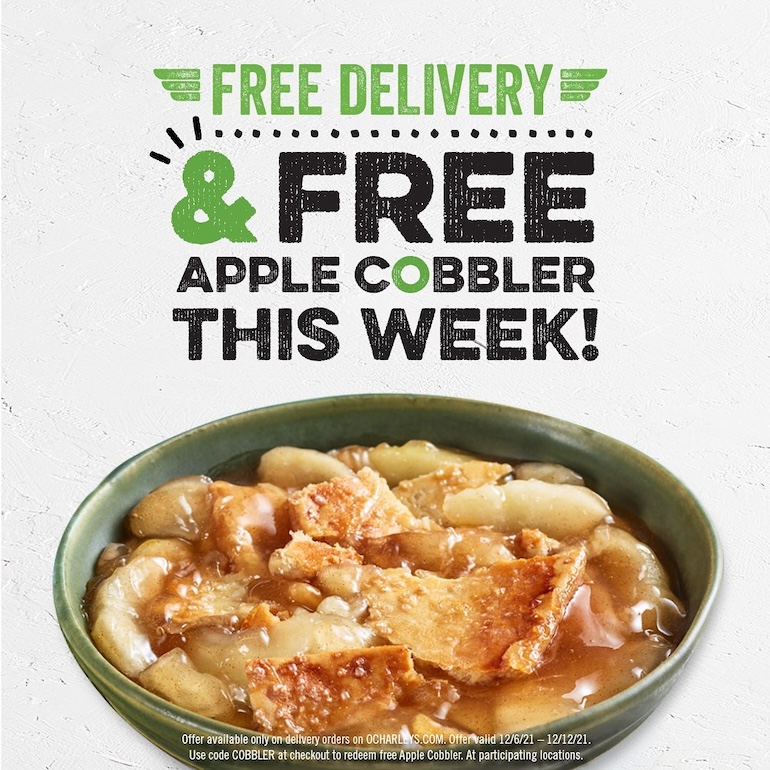 O'Charley's Restaurant and Bar advertisement on Facebook for free apple cobbler.